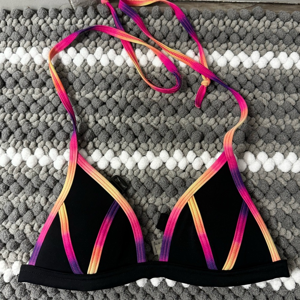 Victoria’s Secret Triangle Bikini Top, Black w/ Tie Dye Piping, XS